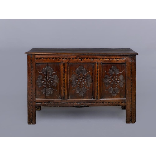 830 - A JOINED OAK PANELLED CHEST, Yorkshire, Bradford/Halifax area, late 17th century, the hinged moulded... 