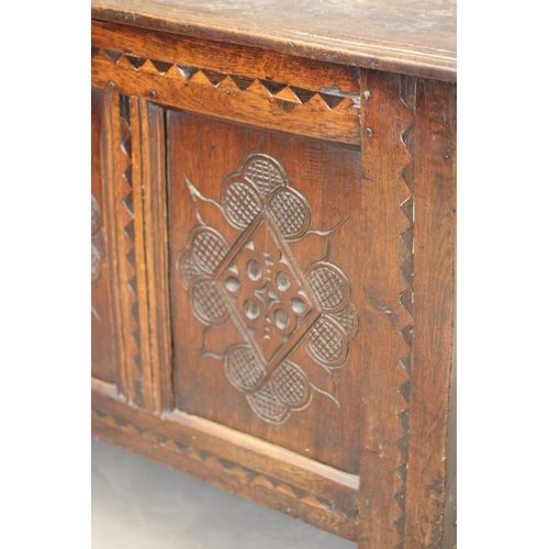 830 - A JOINED OAK PANELLED CHEST, Yorkshire, Bradford/Halifax area, late 17th century, the hinged moulded... 