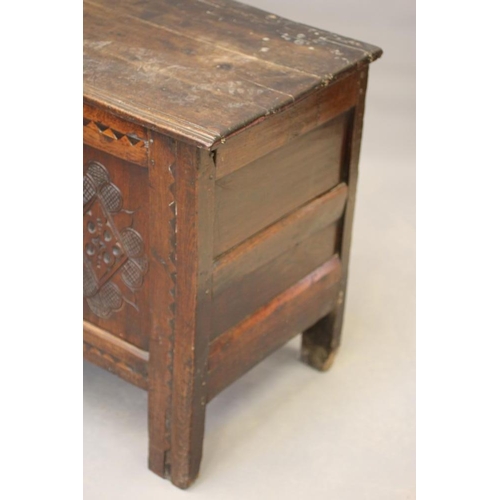 830 - A JOINED OAK PANELLED CHEST, Yorkshire, Bradford/Halifax area, late 17th century, the hinged moulded... 