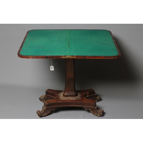 832 - A GEORGE IV ROSEWOOD FOLDING CARD TABLE, early 19th century, the rounded oblong swivel top opening t... 