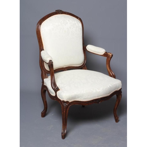 833 - A STAINED BEECH ARMCHAIR, c.1900, in the French Hepplewhite style and upholstered in ivory damask, t... 