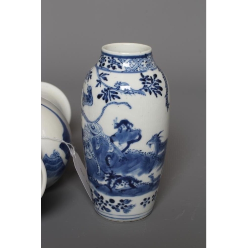 9 - A PAIR OF CHINESE PORCELAIN SMALL VASES of rounded cylindrical form, painted in underglaze blue with... 