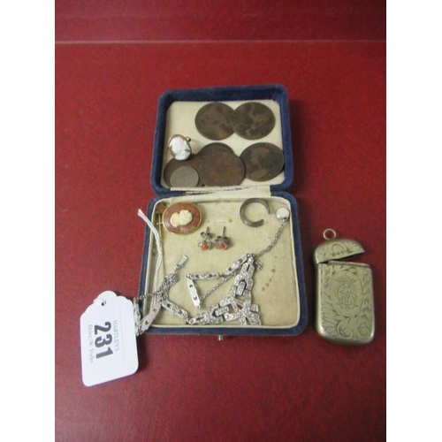 231 - SMALL QUANTITY OF COINS A CAMEO BROOCH AND RING AND OTHER ITEMS