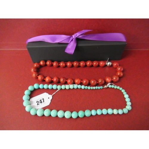 247 - RUSSIAN AMAZONITE AND TWO CORAL BEAD NECKLACES WITH SILVER CLASPS