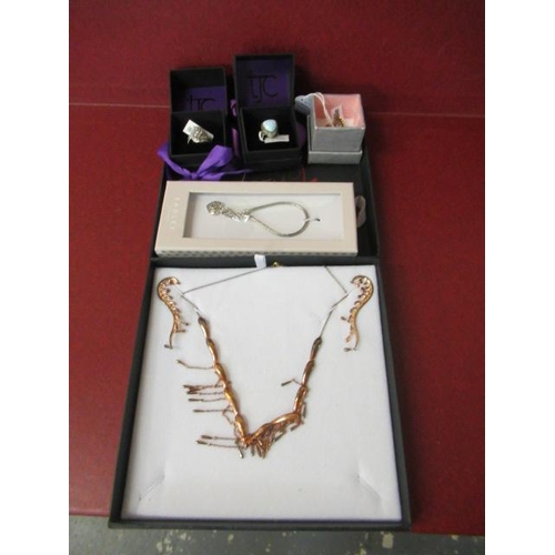 250 - RADLEY SILVER BRACELET , THREE SILVER RINGS AND SILVER GILT NECKLACE AND EARRINGS