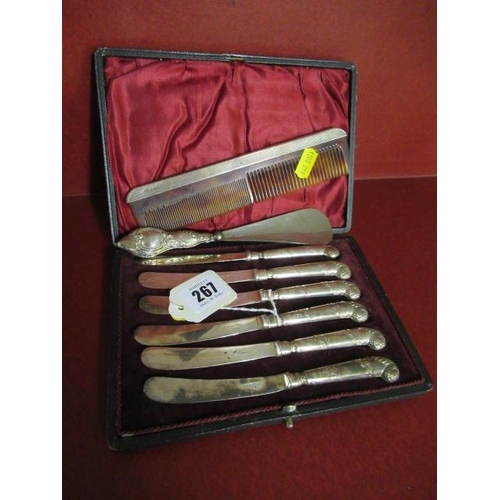 267 - CASED SILVER HANDLED KNIVES WITH SHOE HORN AND COMB