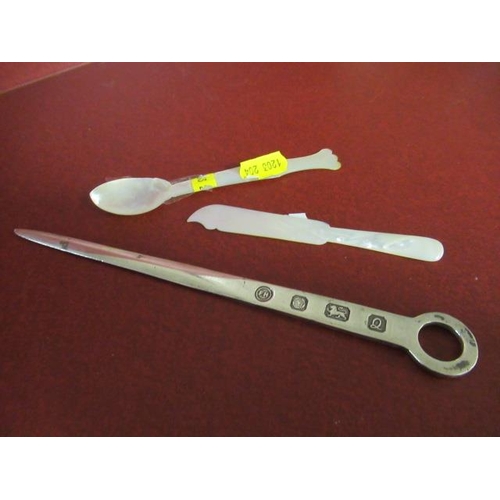 268 - SILVER PAPER KNIFE AND MOTHER OF PEARL FORK AND SPOON