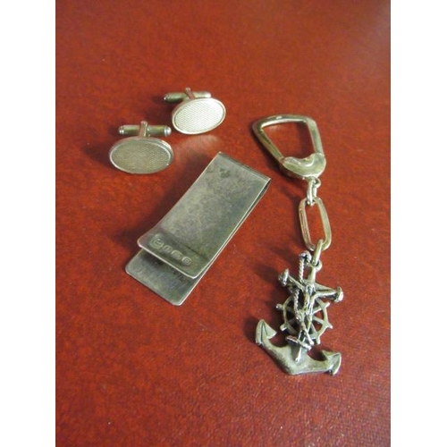 270 - SILVER MONEY CLIP, CRUCIFIX AND CUFFLINKS