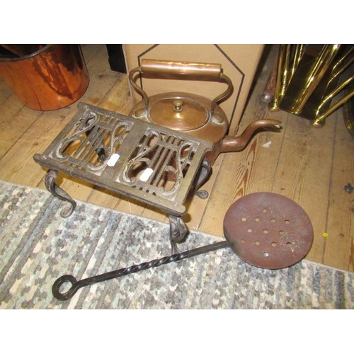 307 - ANTIQUE COPPER KETTLE, TRIVET AND CHESTNUT ROASTER