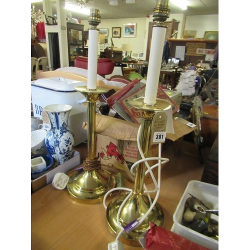 381 - PAIR OF BRASS EFFECT CANDLESTICK TABLE LAMPS