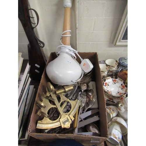 435 - BOX OF PLATED CUTLERY AND BRASS SEXTANT AND TABLE LAMP ETC