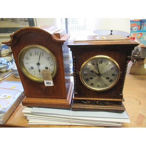 451 - TWO OAK CASED MANTEL CLOCKS