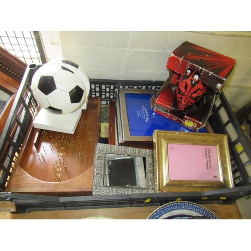 485 - BOX OF MISCELLANEOUS INCLUDING PHOTO FRAMES AND FOOTBALL BOOKENDS