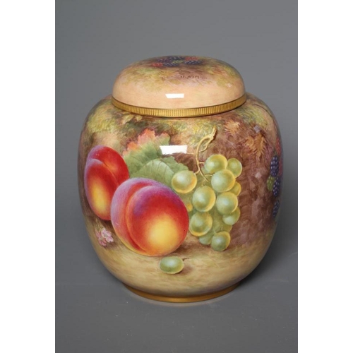49 - A ROYAL WORCESTER JAR AND COVER, 1954, of rounded cylindrical form painted by Harry Ayrton with a st... 