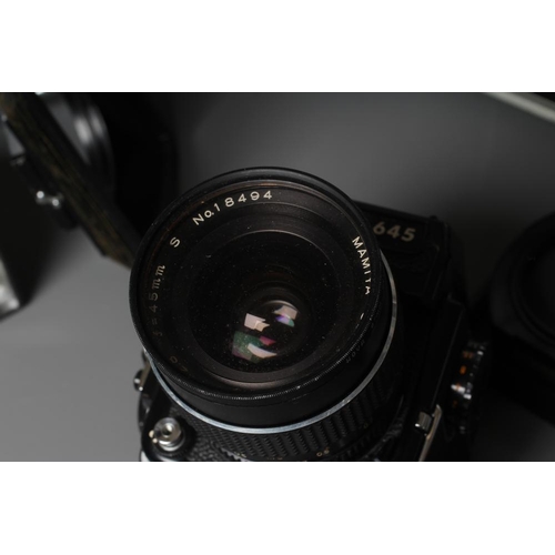 492 - A MAMIYA 645 PROFESSIONAL CAMERA, M645 1000S, with Mamiya-Sekor C 1:2,8 f=45mm S no. 18494 lens, a M... 