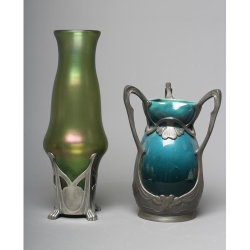 494 - AN ART NOUVEAU EARTHENWARE VASE BY J. VON SCHWARZ of bulbous form with rounded trefoil neck in a str... 