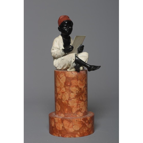 497 - A BERGMAN COLD PAINTED BRONZE ARAB BOY, early 20th century, the boy seated and raised on a column st... 