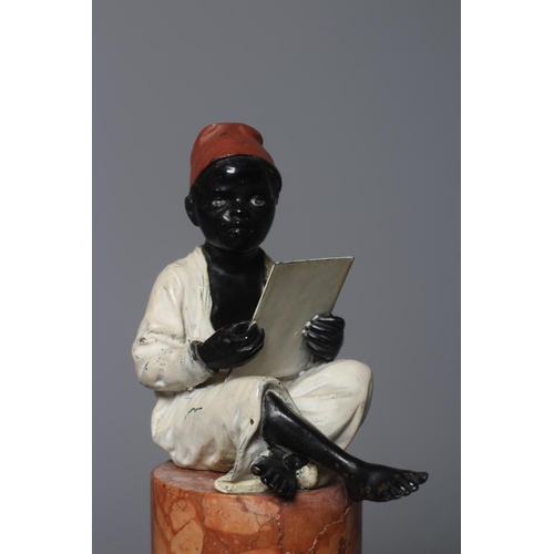 497 - A BERGMAN COLD PAINTED BRONZE ARAB BOY, early 20th century, the boy seated and raised on a column st... 
