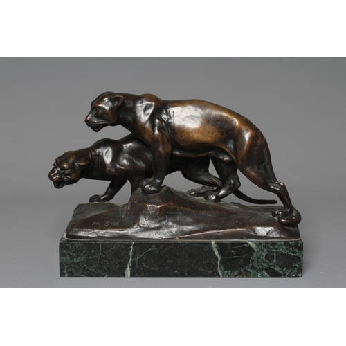 498 - MICHAEL SIX (1874-1938) Mountain Lions, signed, bronze with brown patina, rectangular marble base, 8... 