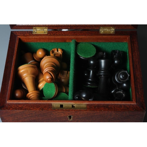 502 - A JAQUES STAUNTON CHESS SET, c.1981, in box and ebony, weighted, in green baize lined box with label... 