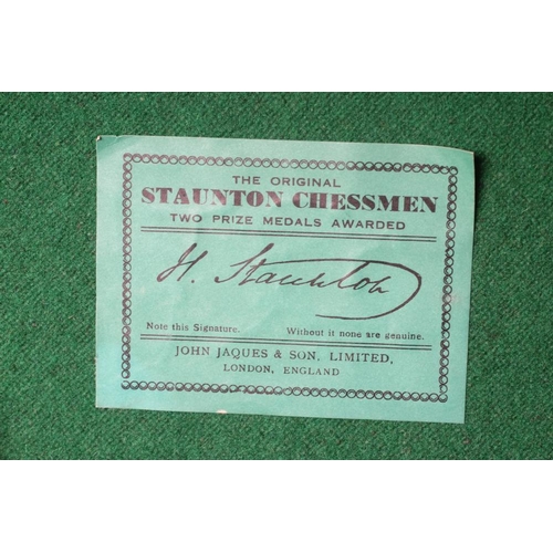 502 - A JAQUES STAUNTON CHESS SET, c.1981, in box and ebony, weighted, in green baize lined box with label... 