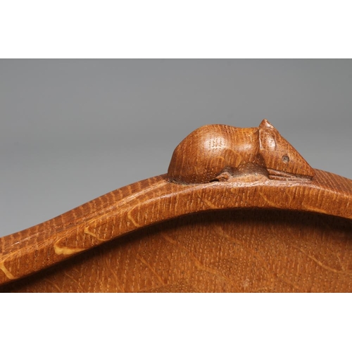 513 - A ROBERT THOMPSON KIDNEY SHAPED OAK TRAY with carved mouse handles, 13 1/2
