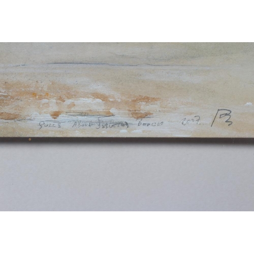 591 - DAVID BAUMFORTH (b.1942) Seagulls Above a Deserted Beach, signed lower left, inscribed with title an... 