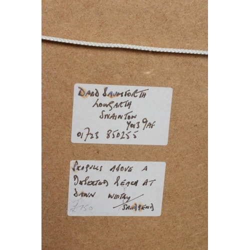 591 - DAVID BAUMFORTH (b.1942) Seagulls Above a Deserted Beach, signed lower left, inscribed with title an... 