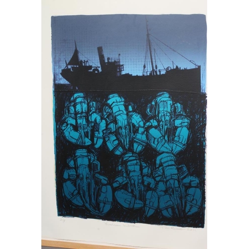 592 - IAN BURKE (b.1955) Redcar Wreck, signed, inscribed with title, A/P, dated 2011, linocut in colours, ... 