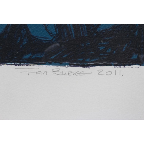 592 - IAN BURKE (b.1955) Redcar Wreck, signed, inscribed with title, A/P, dated 2011, linocut in colours, ... 