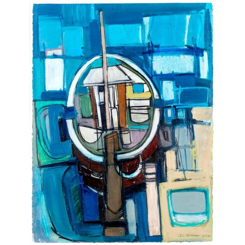 593 - IAN BURKE (b.1955) Sailing Boat at its Moorings, signed lower right and dated 2014, mixed media, 30 ... 