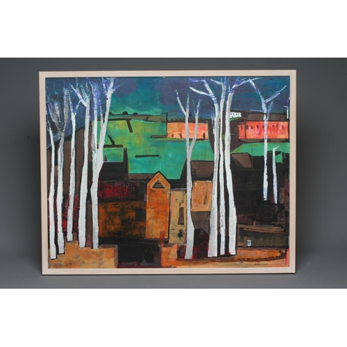 600 - AMRIK VARKALIS (b.1940) White Trees, signed lower right, oil on board, 26 1/2