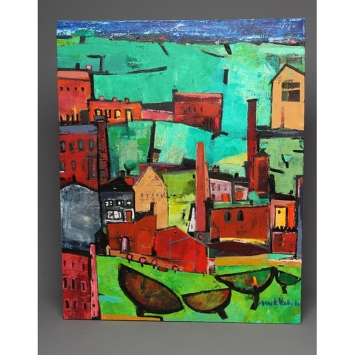 604 - AMRIK VARKALIS (b.1940) Landscape with Industrial Buildings, signed lower right, oil on canvas, 30