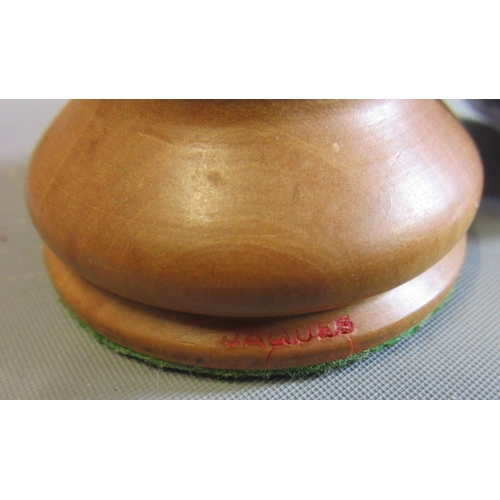 502 - A JAQUES STAUNTON CHESS SET, c.1981, in box and ebony, weighted, in green baize lined box with label... 