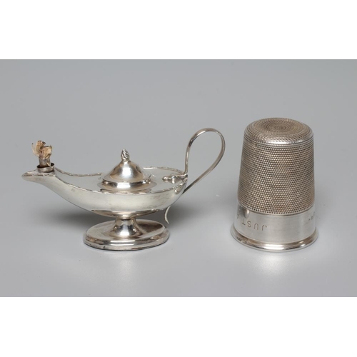 131 - AN ELIZABETH II NOVELTY SILVER THIMBLE TOT by Charles Horner, Chester 1950, engraved 'Just a Thimble... 