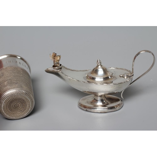 131 - AN ELIZABETH II NOVELTY SILVER THIMBLE TOT by Charles Horner, Chester 1950, engraved 'Just a Thimble... 