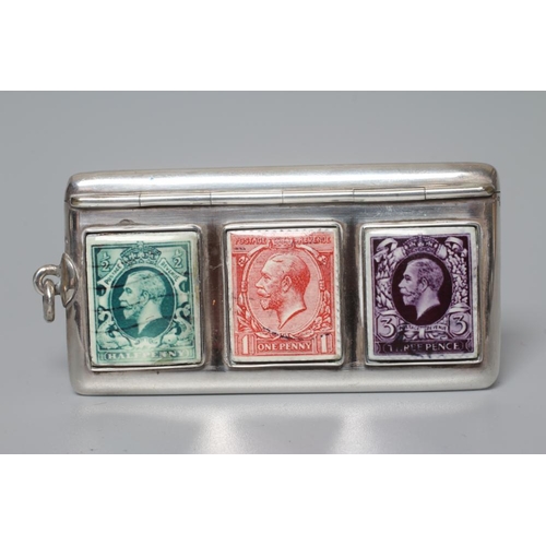 139 - OF PHILATELIC INTEREST - A GEORGE V SILVER AND ENAMEL ENVELOPE STAMP CASE by Mappin & Webb, Birmingh... 