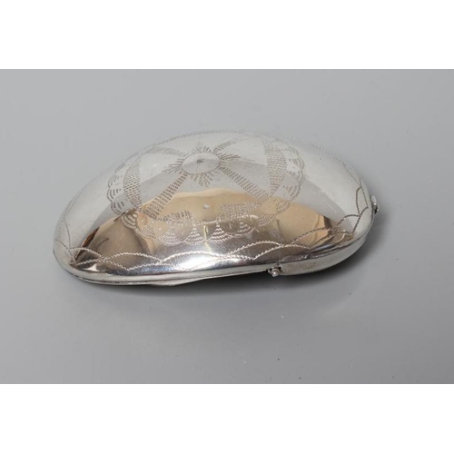 143 - OF PHILATELIC INTEREST - A SNUFF/STAMP BOX, unmarked, of concave oval form with engraved decoration ... 