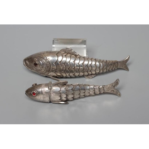 154 - TWO SMALL SILVER ARTICULATED FISH BOXES, one Chester import 1903, with inset red glass eyes, 4