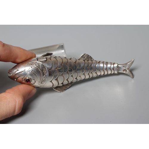 154 - TWO SMALL SILVER ARTICULATED FISH BOXES, one Chester import 1903, with inset red glass eyes, 4