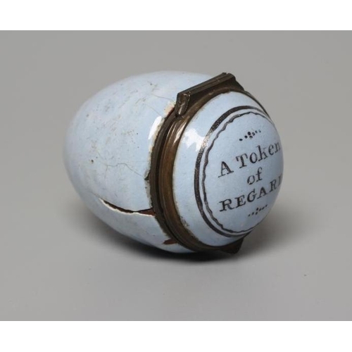 158 - A SOUTH STAFFORDSHIRE ENAMEL ON COPPER EGG, late 18th century, the hinged cover inscribed 'A Token o... 