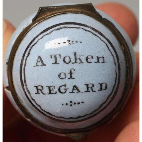 158 - A SOUTH STAFFORDSHIRE ENAMEL ON COPPER EGG, late 18th century, the hinged cover inscribed 'A Token o... 