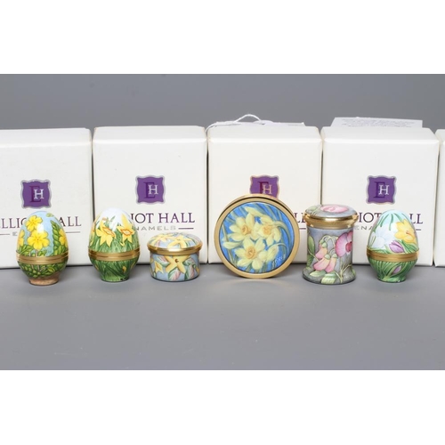 159 - TWO ELLIOT HALL ENAMEL LIMITED EDITION EGG BOXES, one painted by Fiona Bakewell with Crocus, and one... 