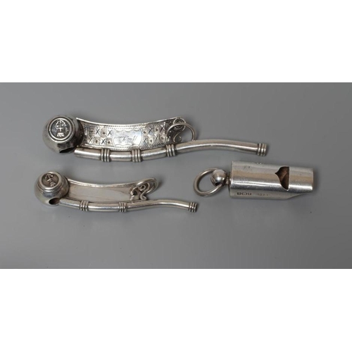 133 - TWO SILVER BO'SUNS WHISTLES comprising one by Hilliard & Thomason, Birmingham 1866, with chequered e... 