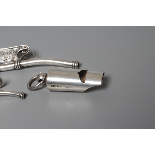 133 - TWO SILVER BO'SUNS WHISTLES comprising one by Hilliard & Thomason, Birmingham 1866, with chequered e... 