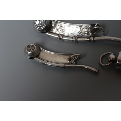 133 - TWO SILVER BO'SUNS WHISTLES comprising one by Hilliard & Thomason, Birmingham 1866, with chequered e... 