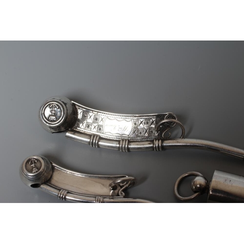133 - TWO SILVER BO'SUNS WHISTLES comprising one by Hilliard & Thomason, Birmingham 1866, with chequered e... 