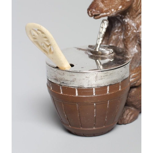 169 - A LATE VICTORIAN SILVER MOUNTED DARK BROWN STONEWARE NOVELTY MUSTARD, modelled as a seated bear with... 