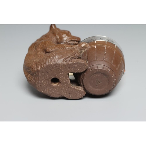 169 - A LATE VICTORIAN SILVER MOUNTED DARK BROWN STONEWARE NOVELTY MUSTARD, modelled as a seated bear with... 
