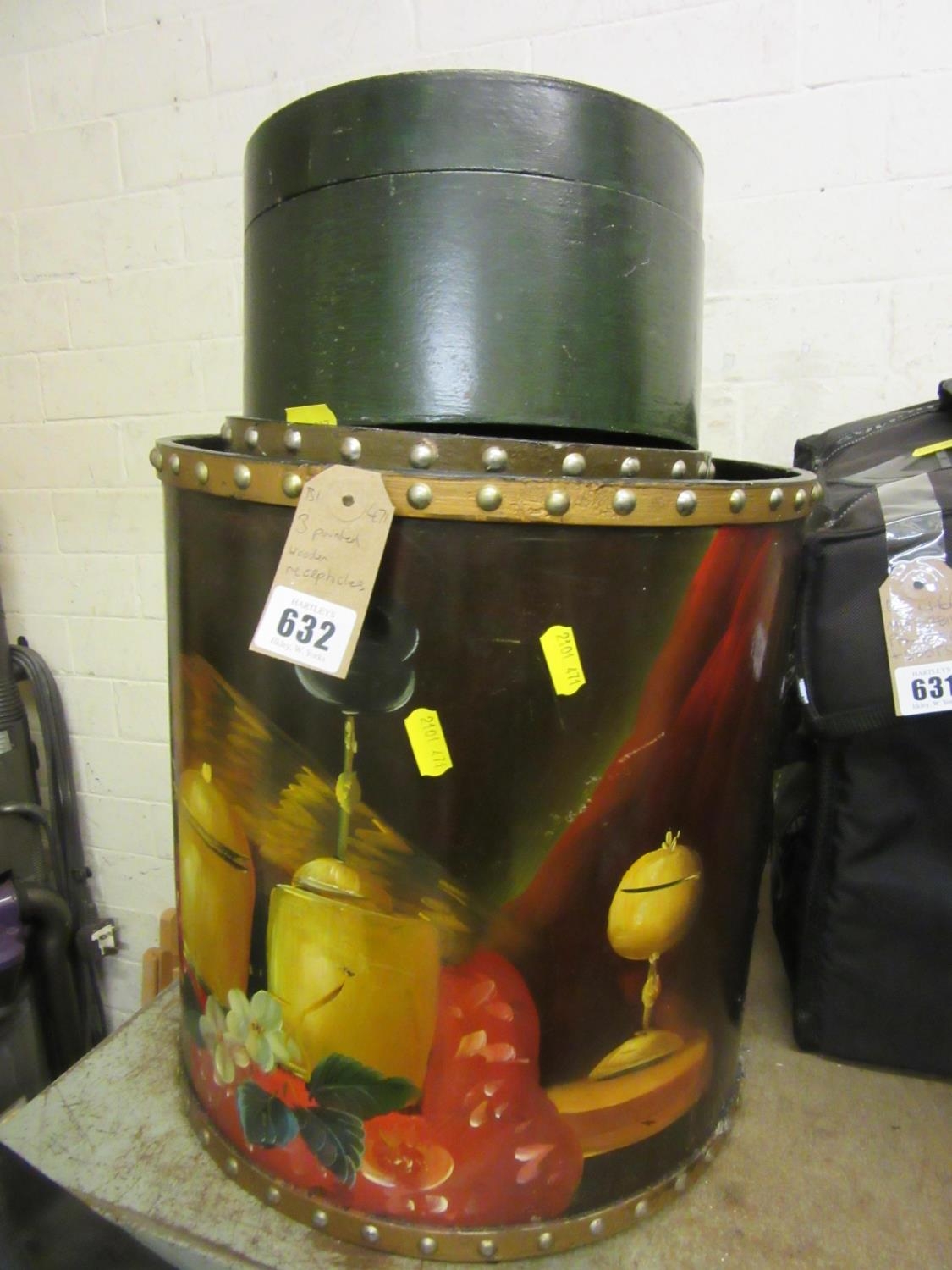 THREE PAINTED WOODEN RECEPTICLES